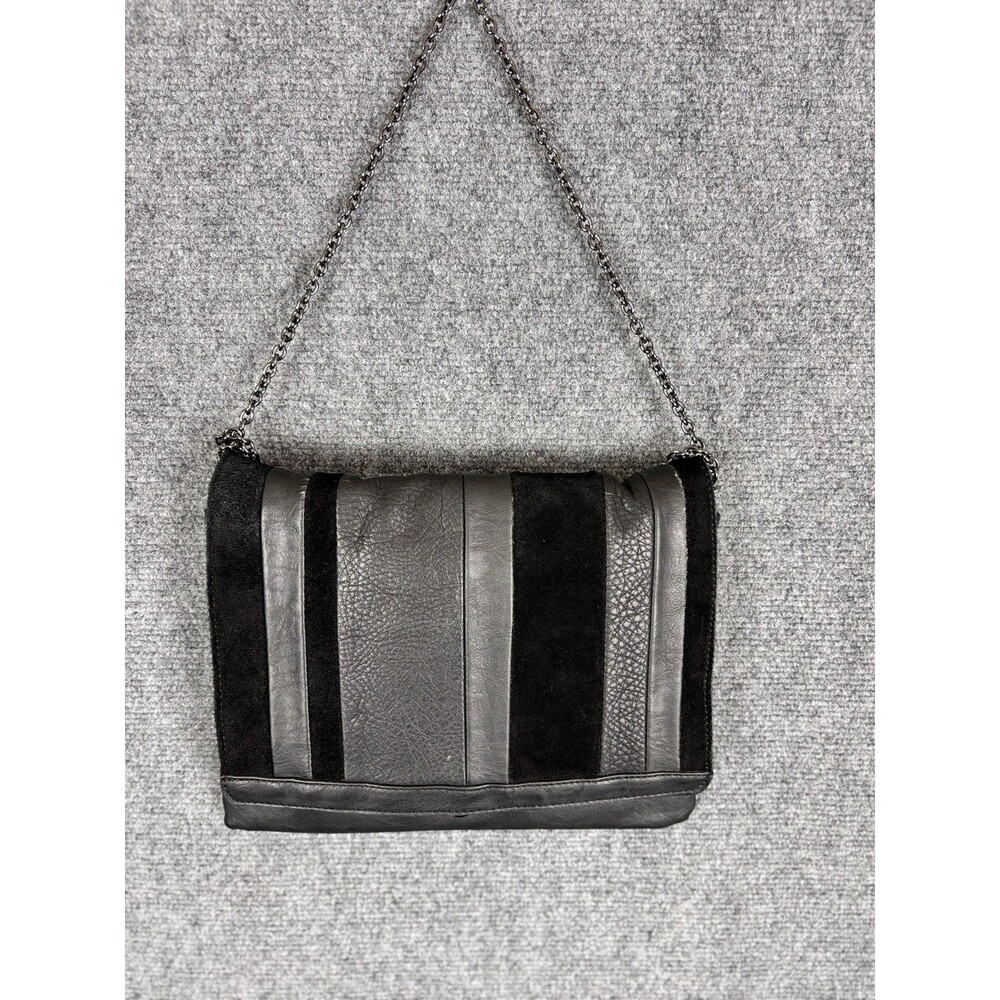 Black Gray Faux Leather Suede Stripe Crossbody Bag Leopard Lining Chain Strap